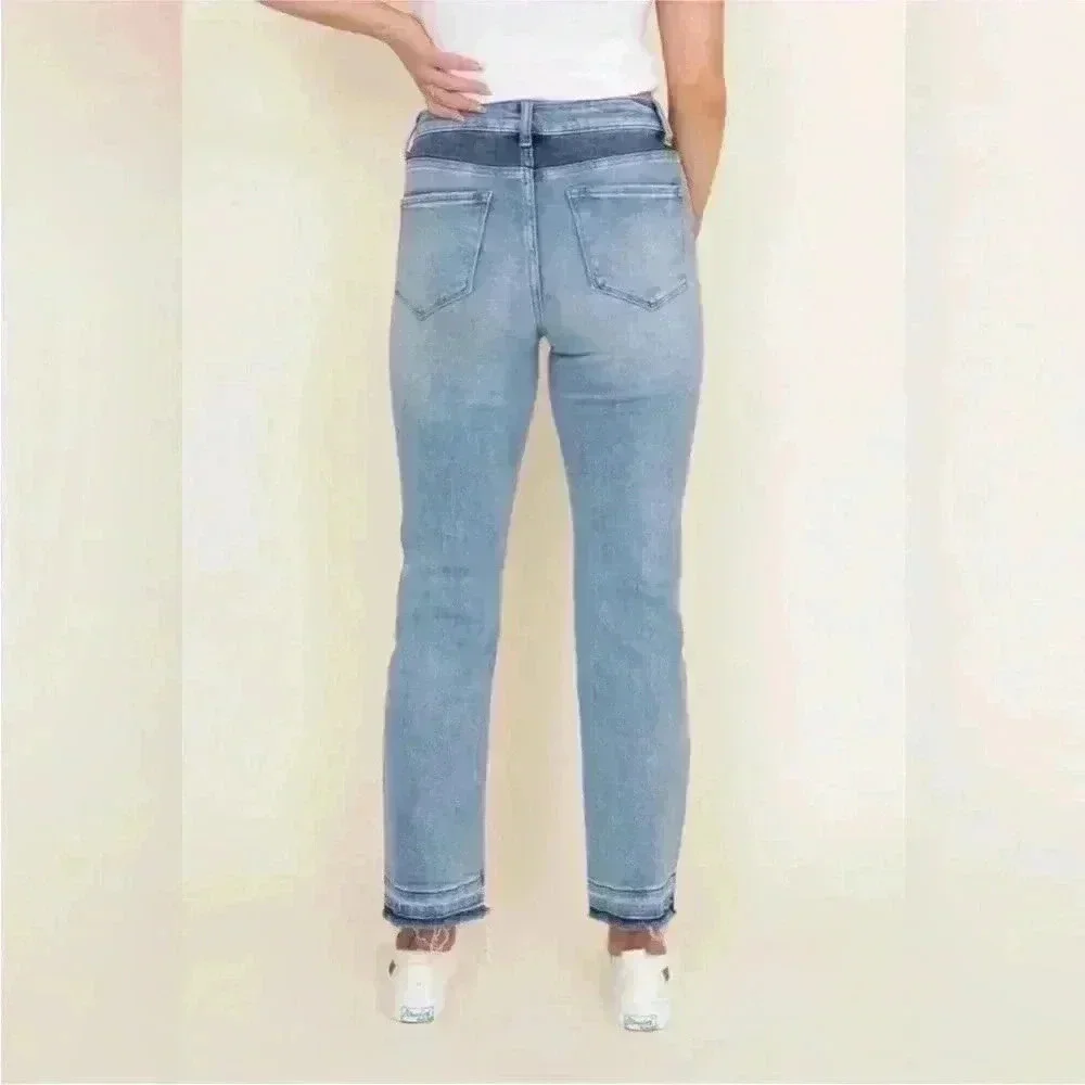 Flying Monkey sz 26 two tone color block jean frayed hem high waist best seller